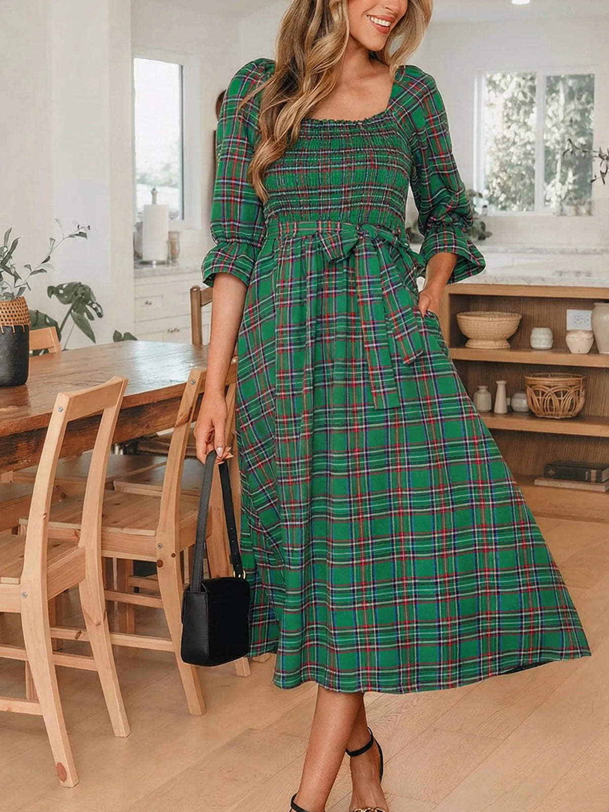 Dark Green plaid square neck puff sleeve tie-waist midi dress