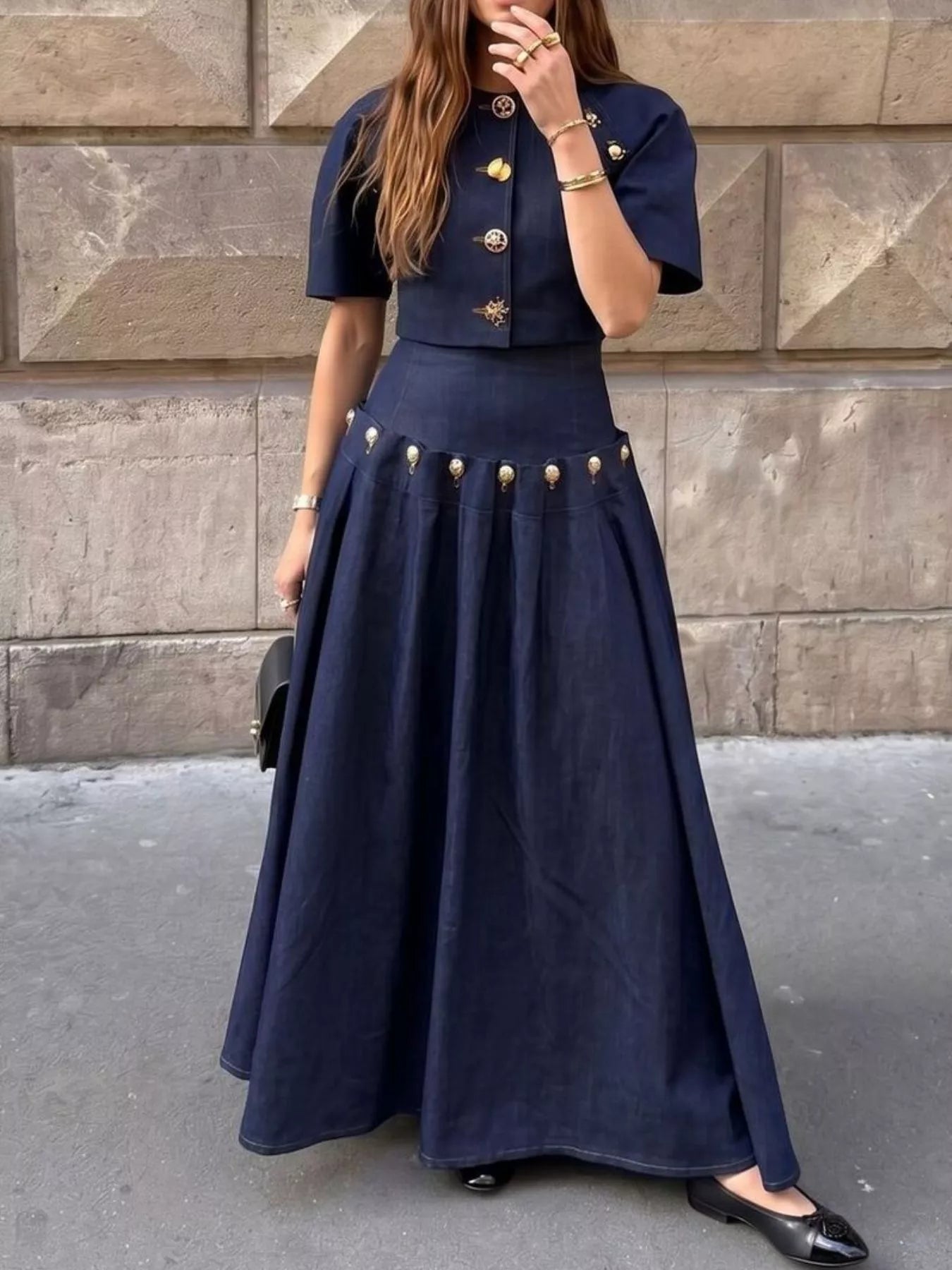 Trendsi Gold Button Top and Skirt Denim Set -
