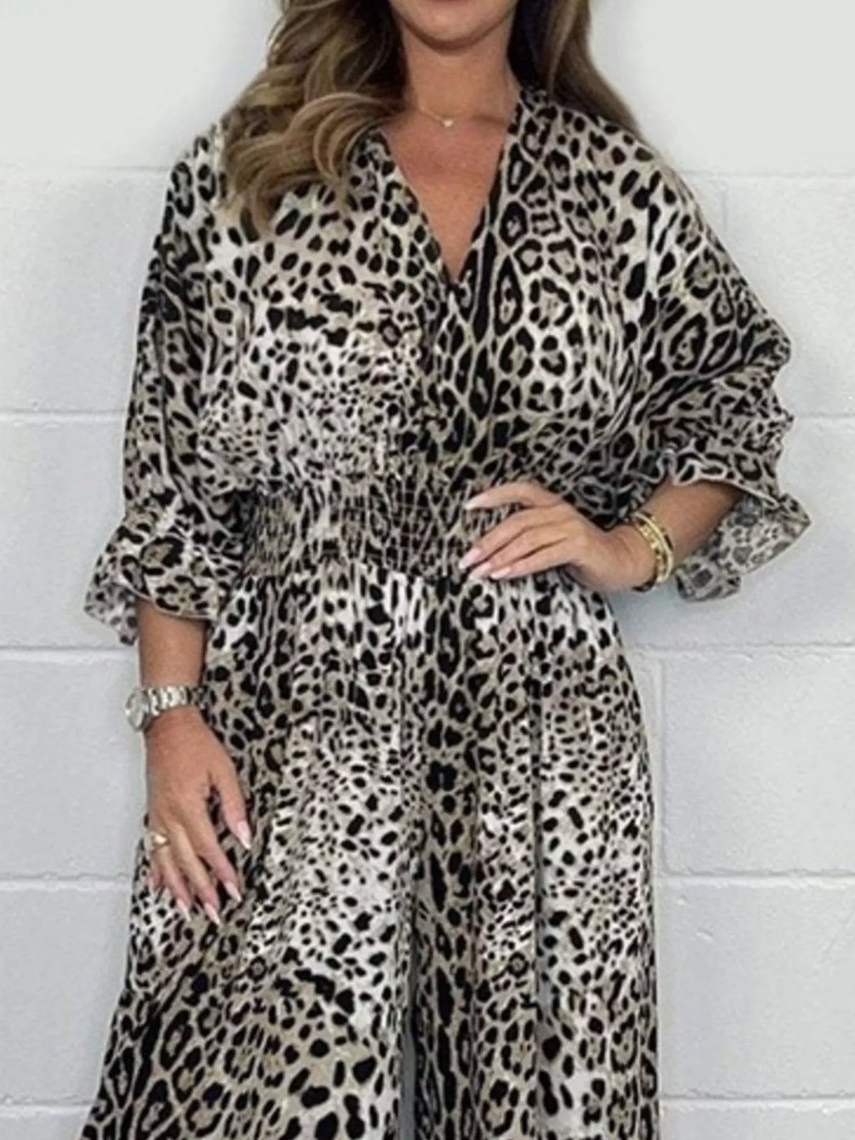 White leopard leopard print v-neck wide-leg jumpsuit — design and construction details
