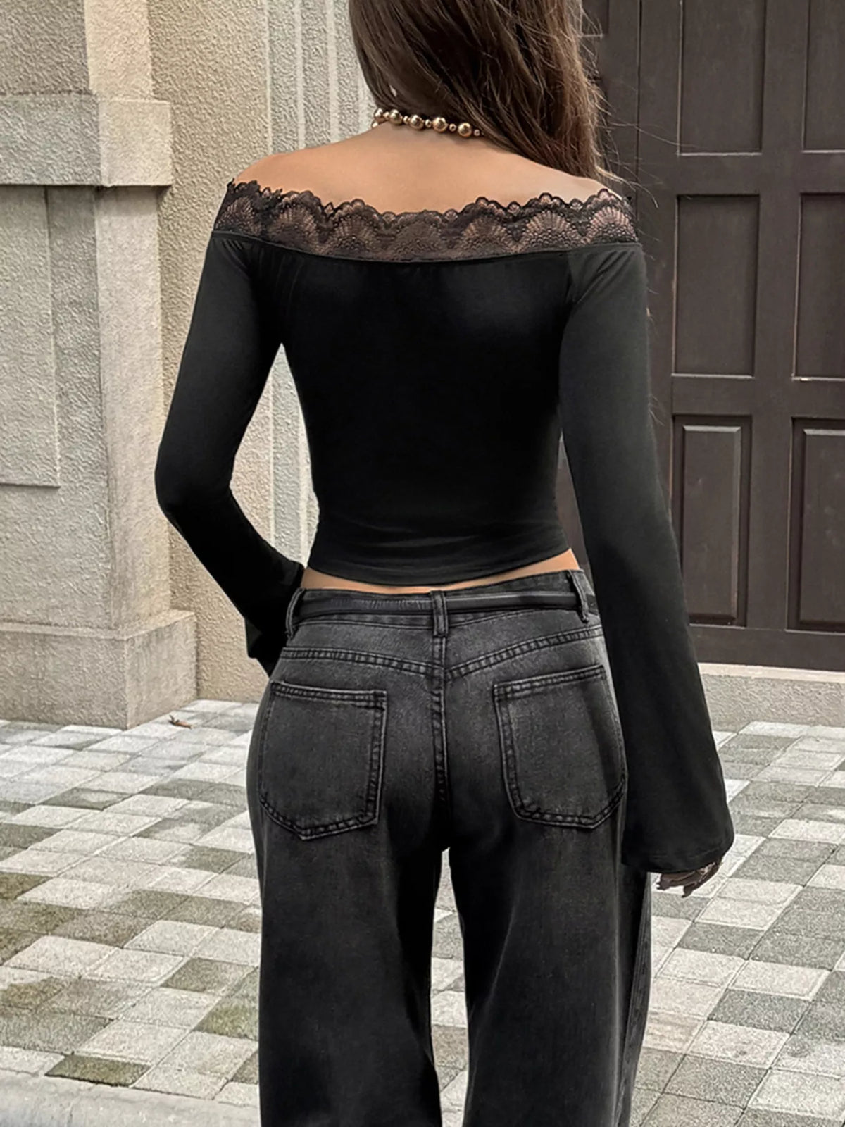 Off-Shoulder Lace Trim Long Sleeve T-Shirt in black, back view