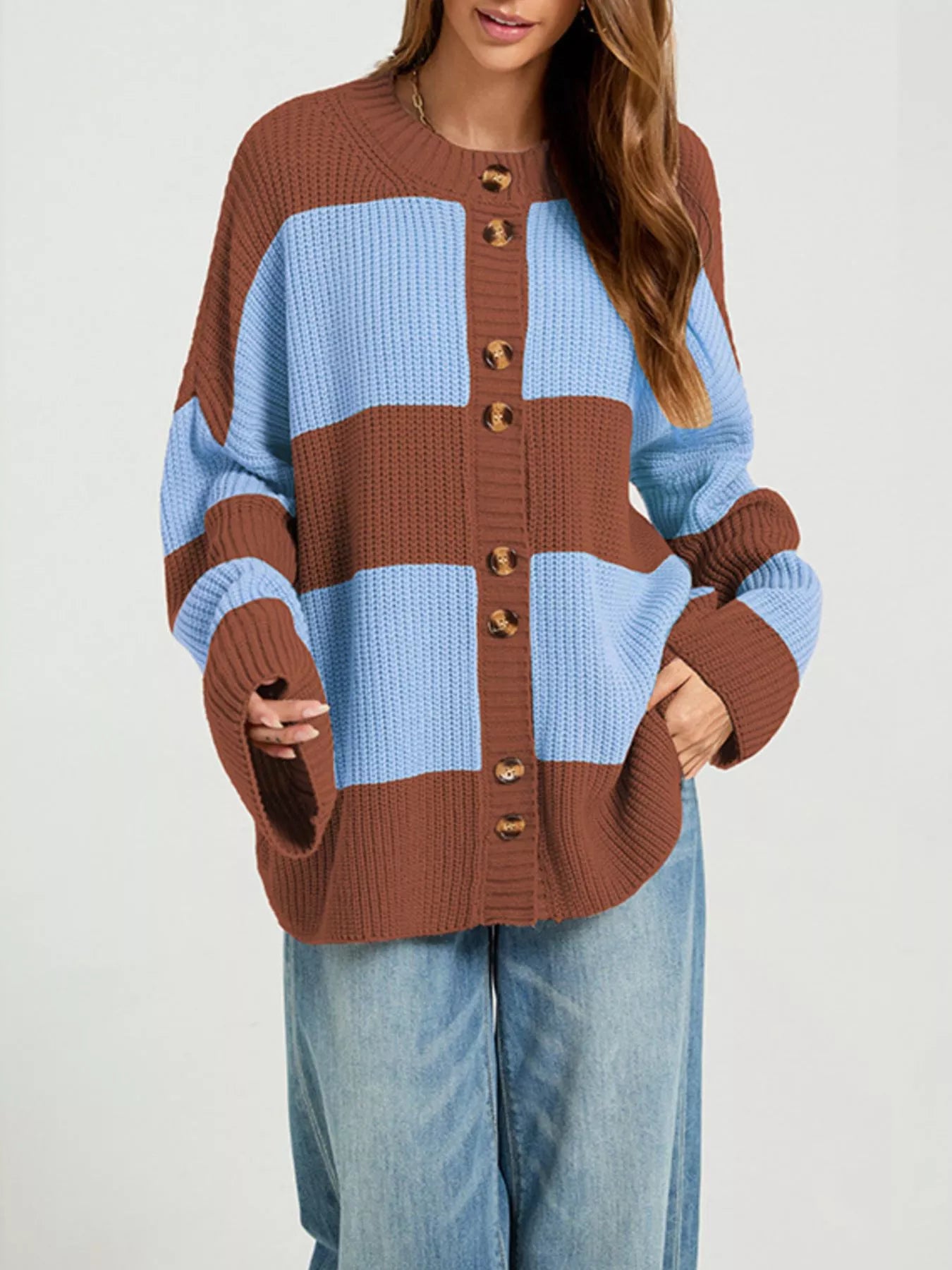 Trendsi Color Block Striped Button-Up Cardigan -