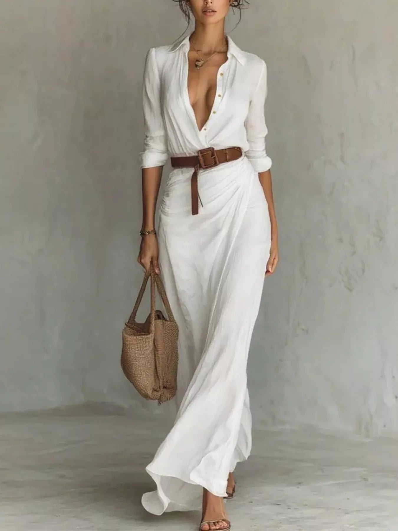 Trendsi Full Size Elegant V-Neck Ruched Maxi Dress with Belt Plus Size -