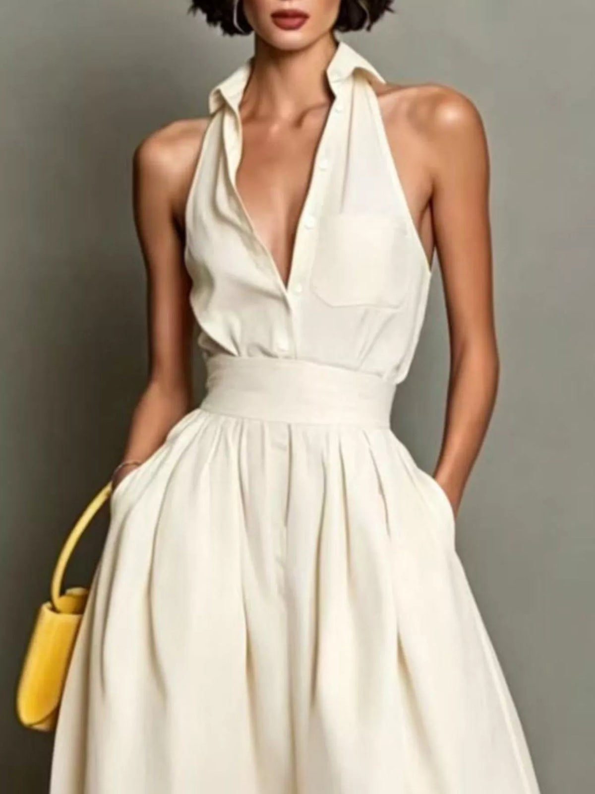 Cream halter-collar A-line midi dress, collar and bodice detail