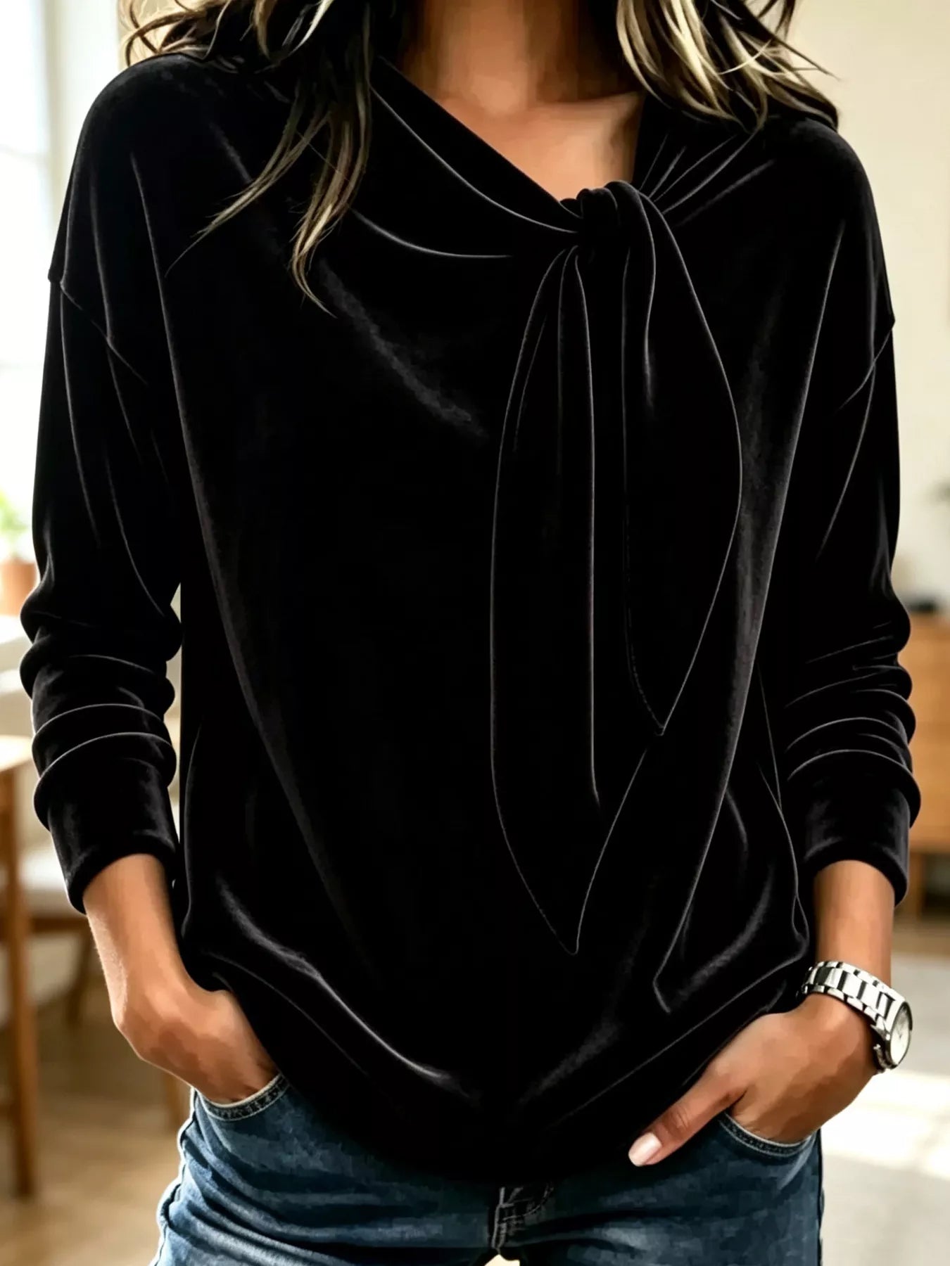 Trendsi Velvet Tie Front Long Sleeve Sweatshirt -