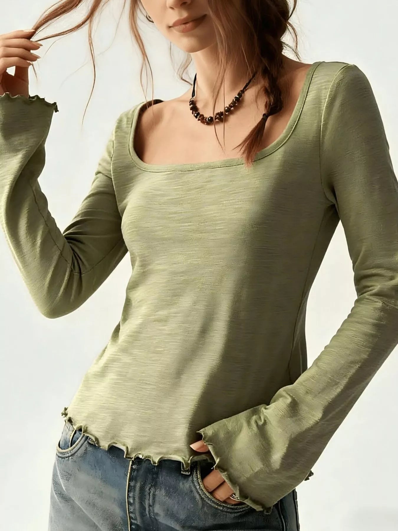 Women's long sleeve square neck slim-fit T-shirt