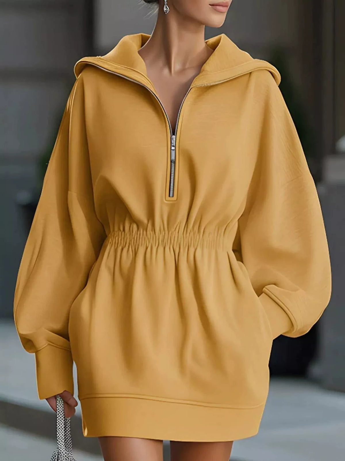 Half-Zip Hooded Sweatshirt Dress — front view