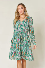 Trendsi Double Take Full Size Printed Drawstring Waist Long Sleeve Dress -
