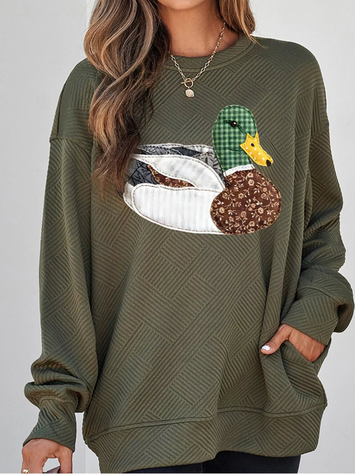 Black Forest mallard print textured crewneck relaxed sweatshirt
