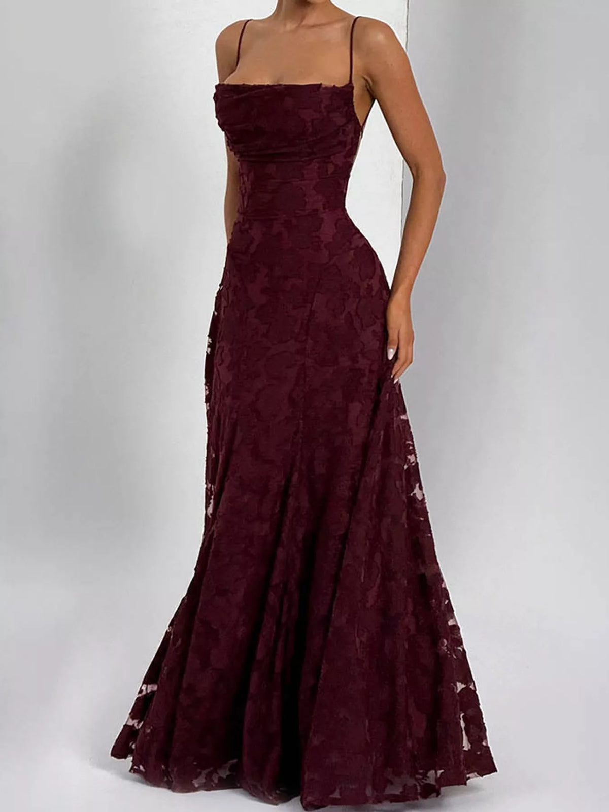 Burgundy backless lace maxi dress, side view