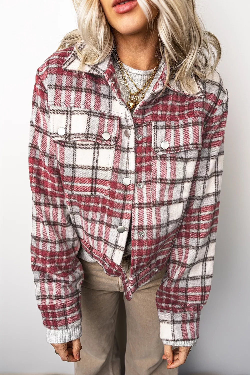 Plaid Button-Collar Long Sleeve Jacket, front view