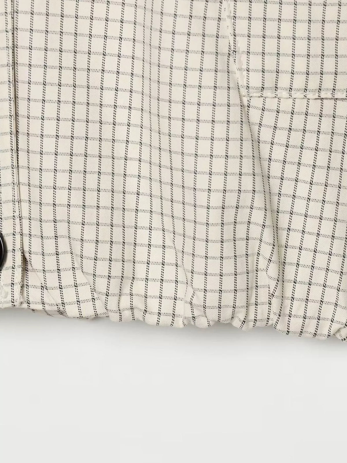 Elasticated back hem on cream check plaid double-breasted cropped jacket