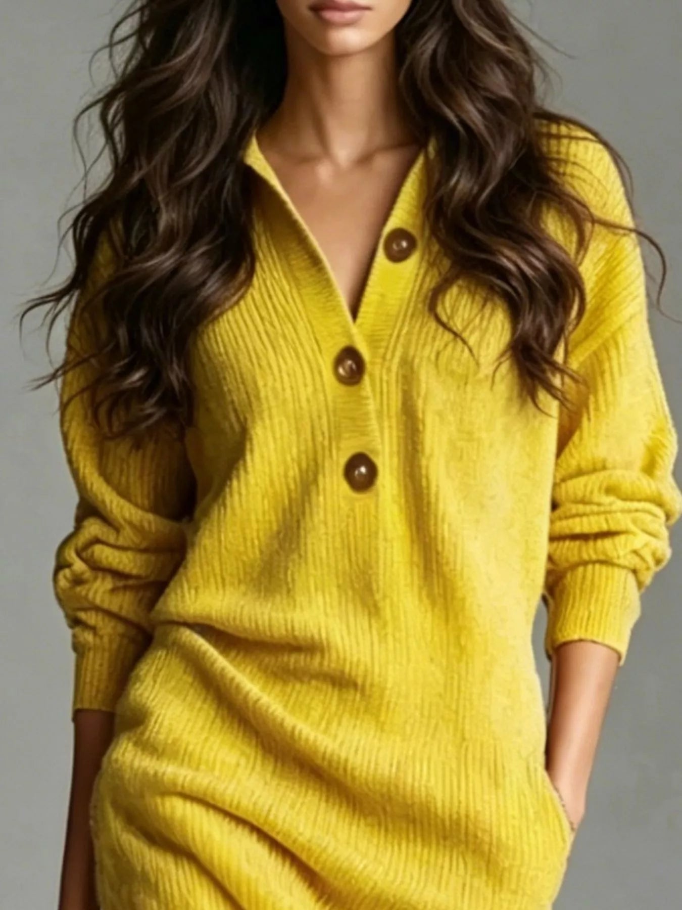 Trendsi V-Neck Half-Button Ribbed Knit Dress -