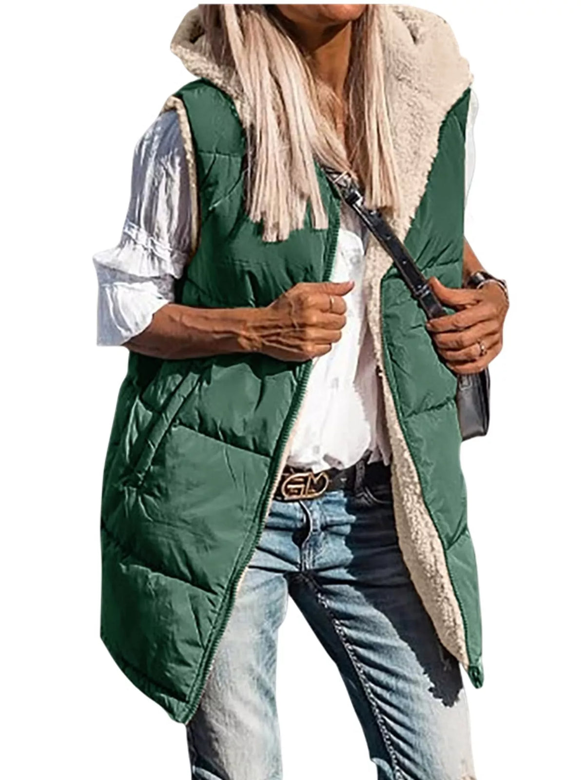 Green hooded sherpa-lined puffer vest