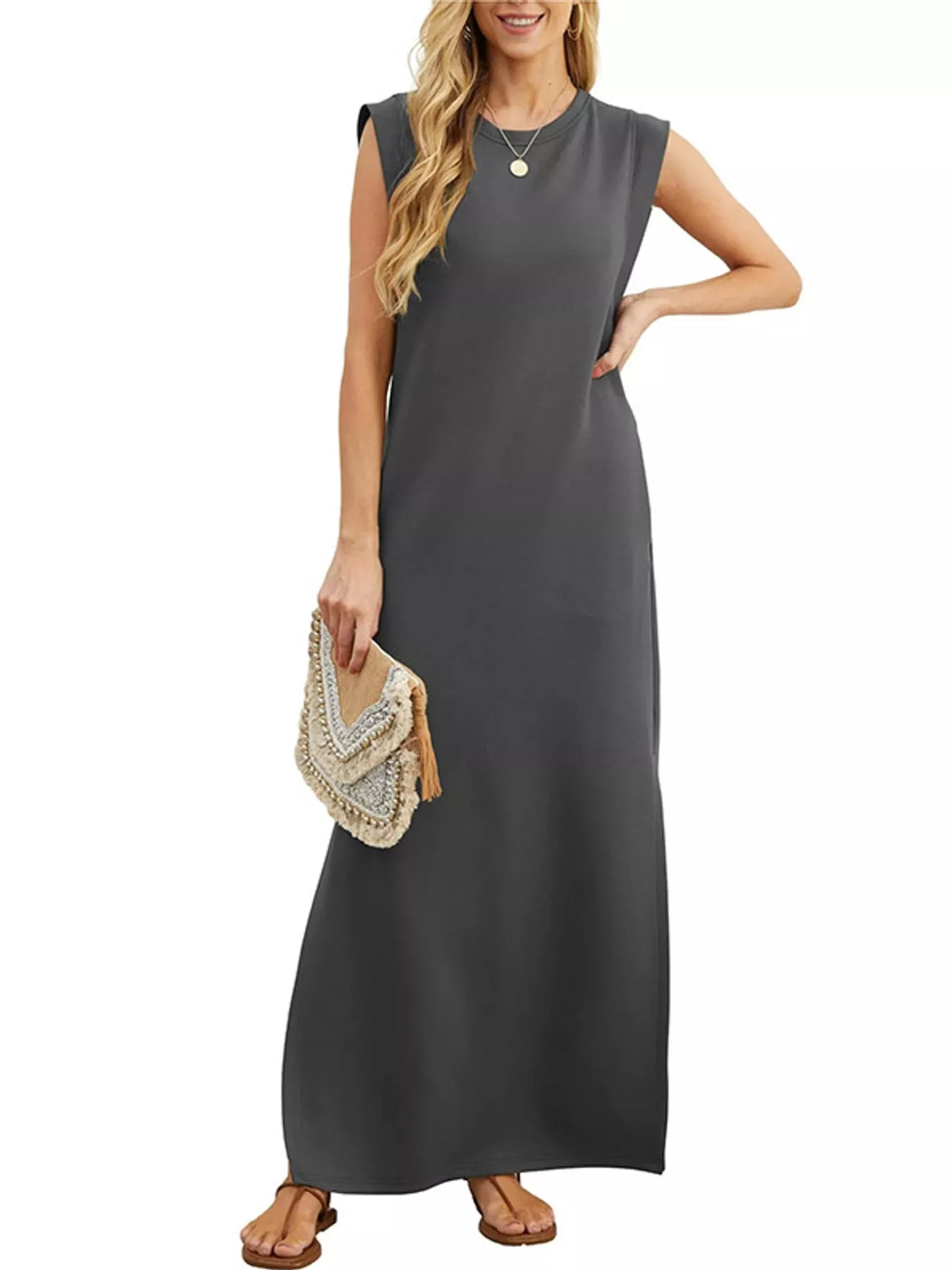 Round neck sleeveless maxi dress, front view on model