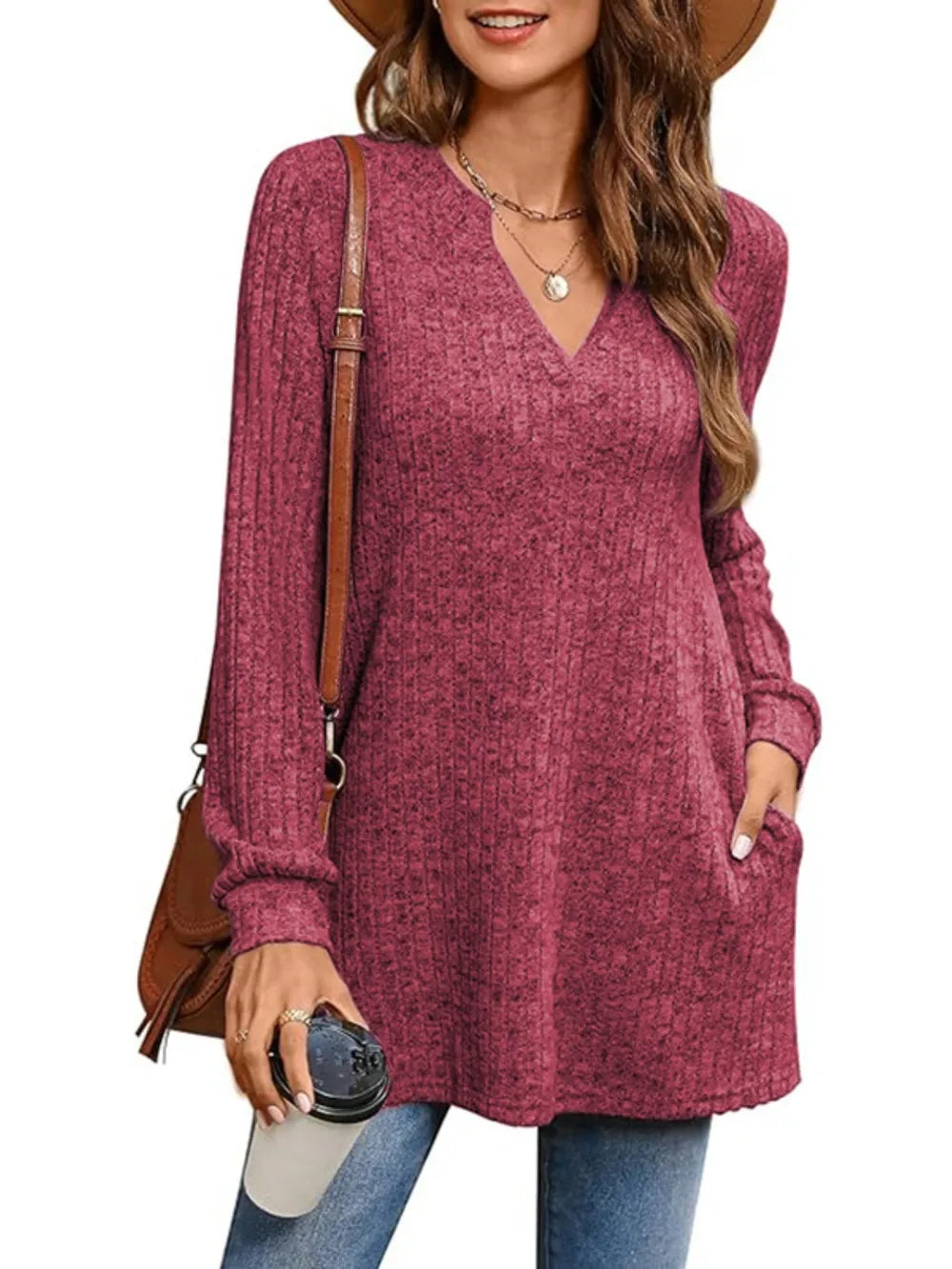 Trendsi Ribbed Notched Long Sleeve T-Shirt -