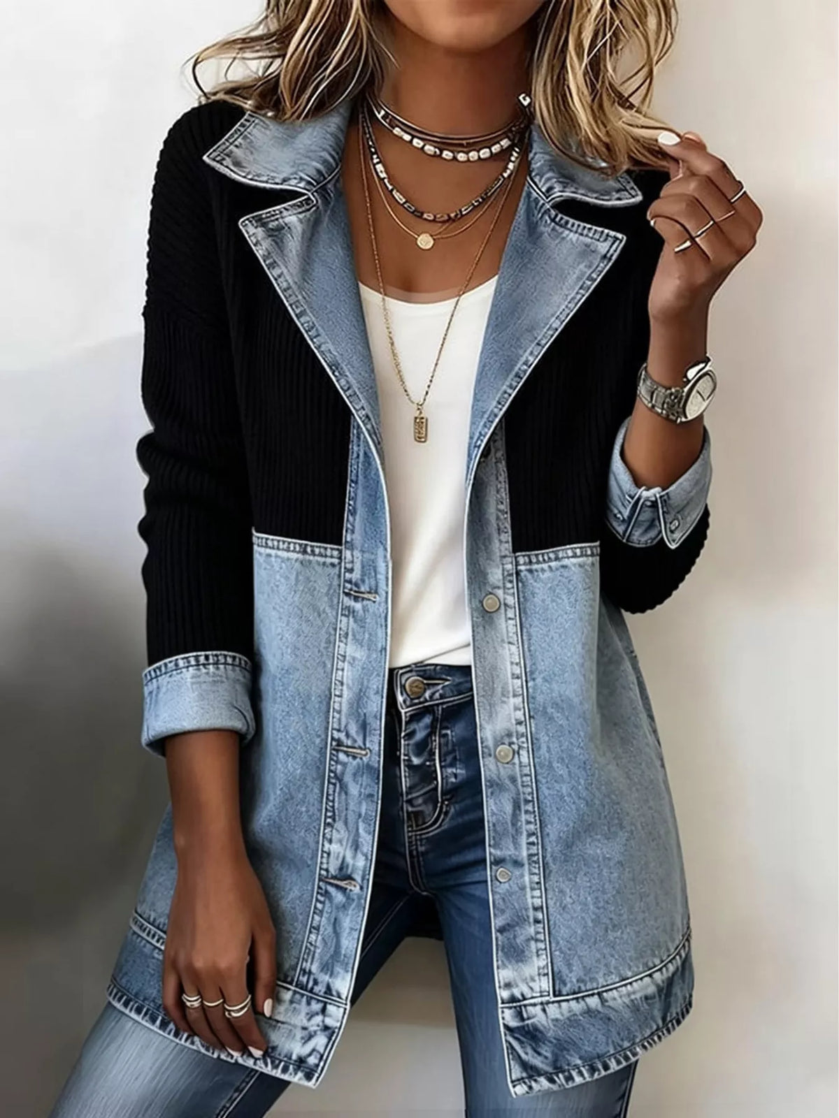 Trendsi Color-Block Denim and Knit Patchwork Casual Jacket -