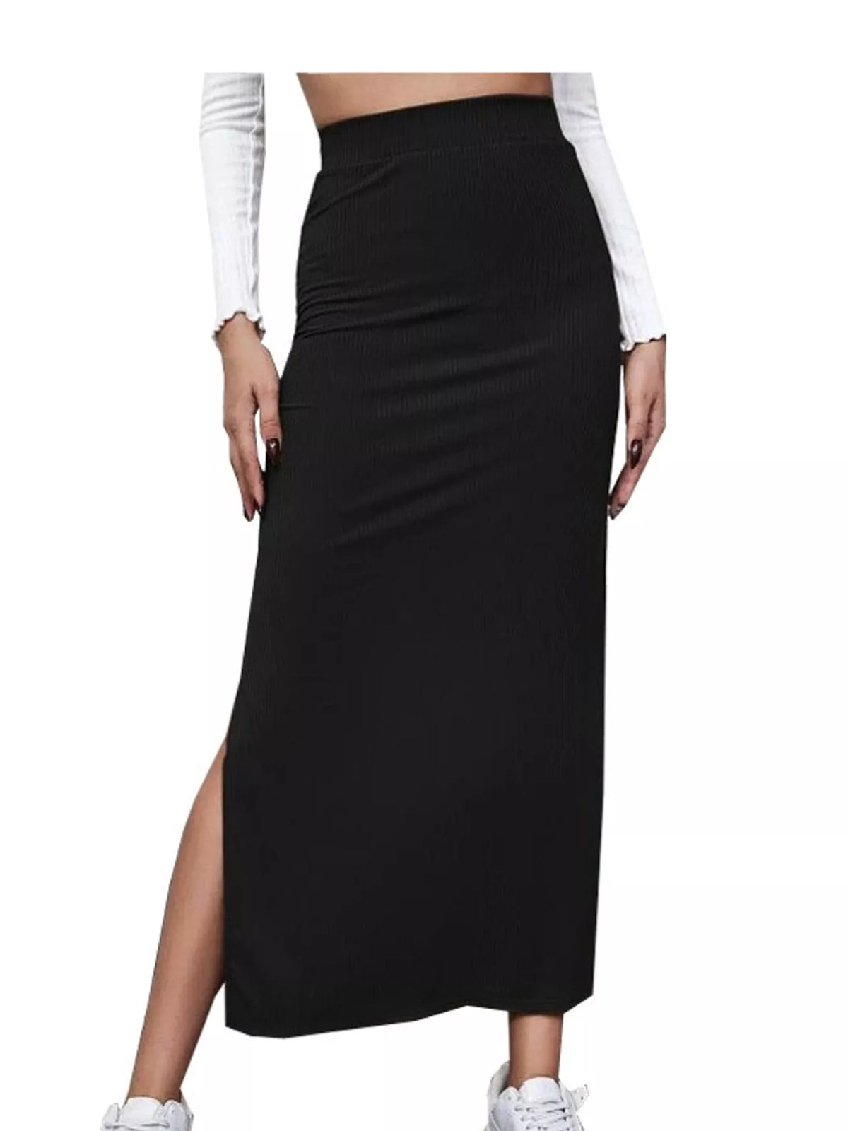 Black side slit skirt — front view