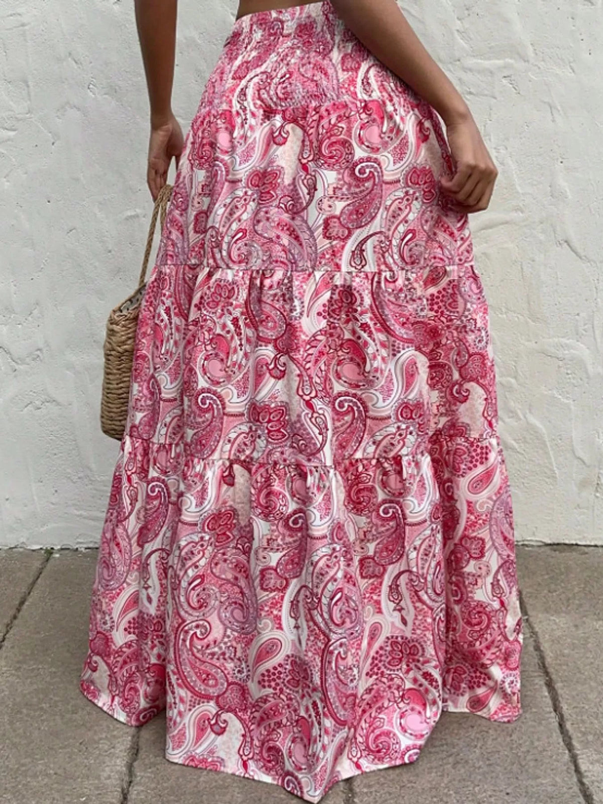 Women's Paisley Print Tiered Maxi Skirt in pink — side view