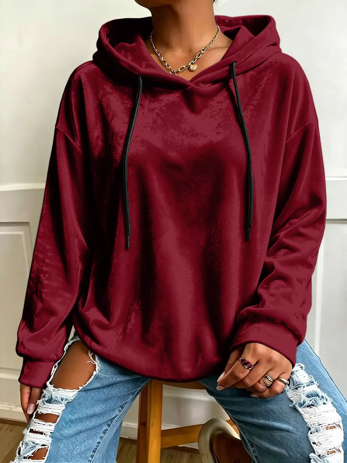 Burgundy velvet drawstring hoodie
