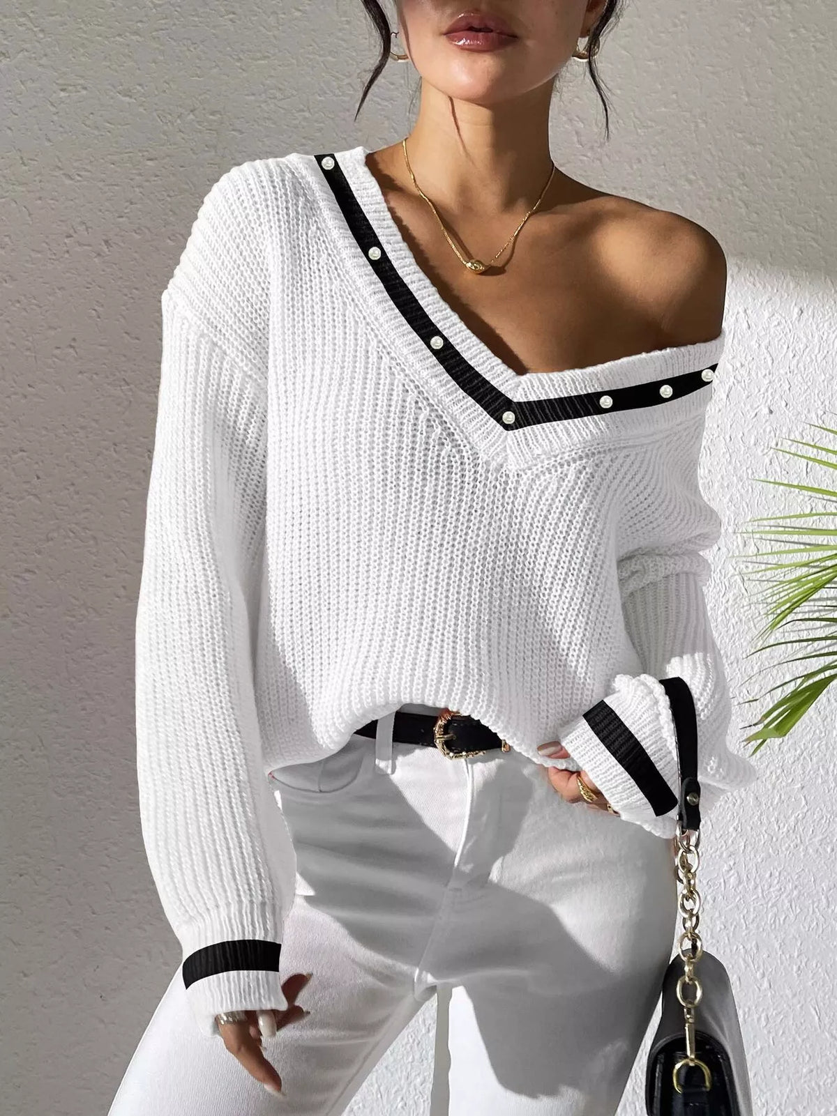 V-neck contrast-trim sweater with pearl decor in white, off-shoulder styling view