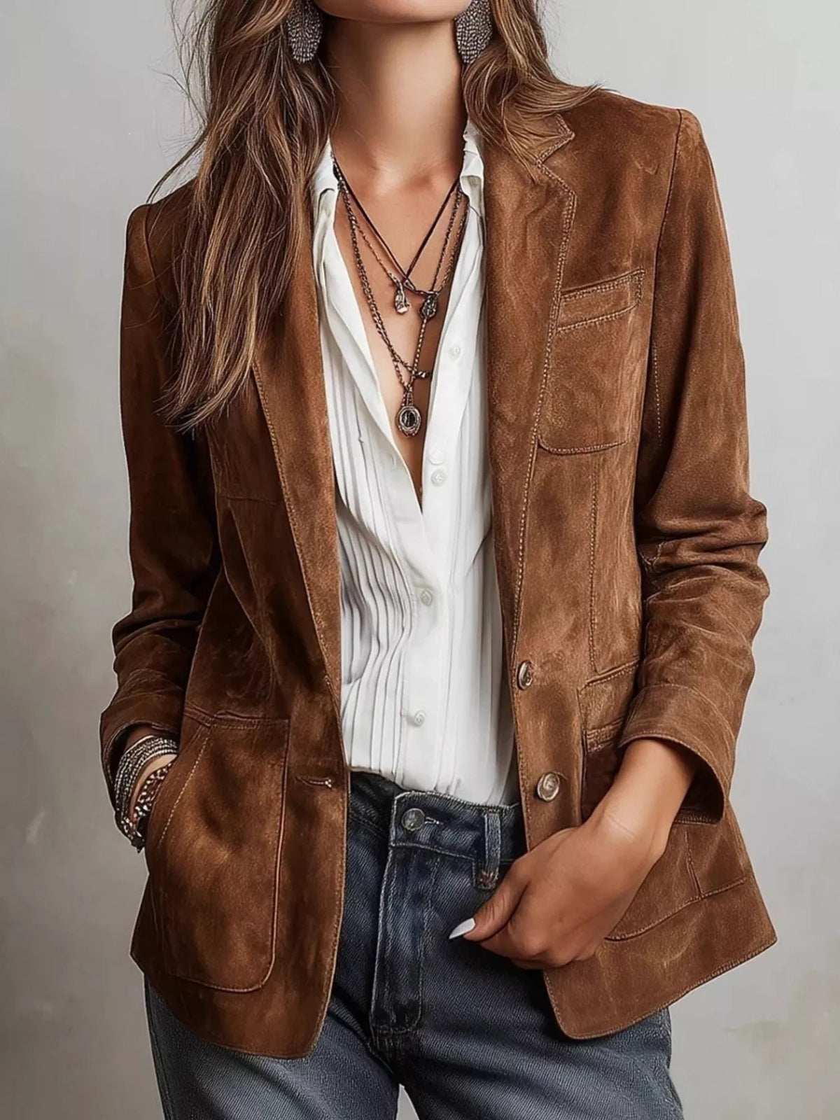 Brown button-up blazer with patch pockets