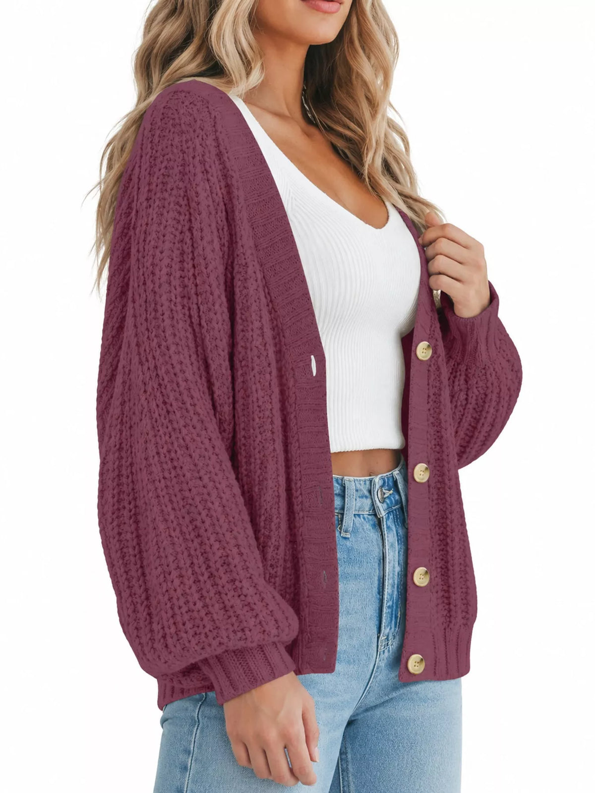 Button cardigan, purple side