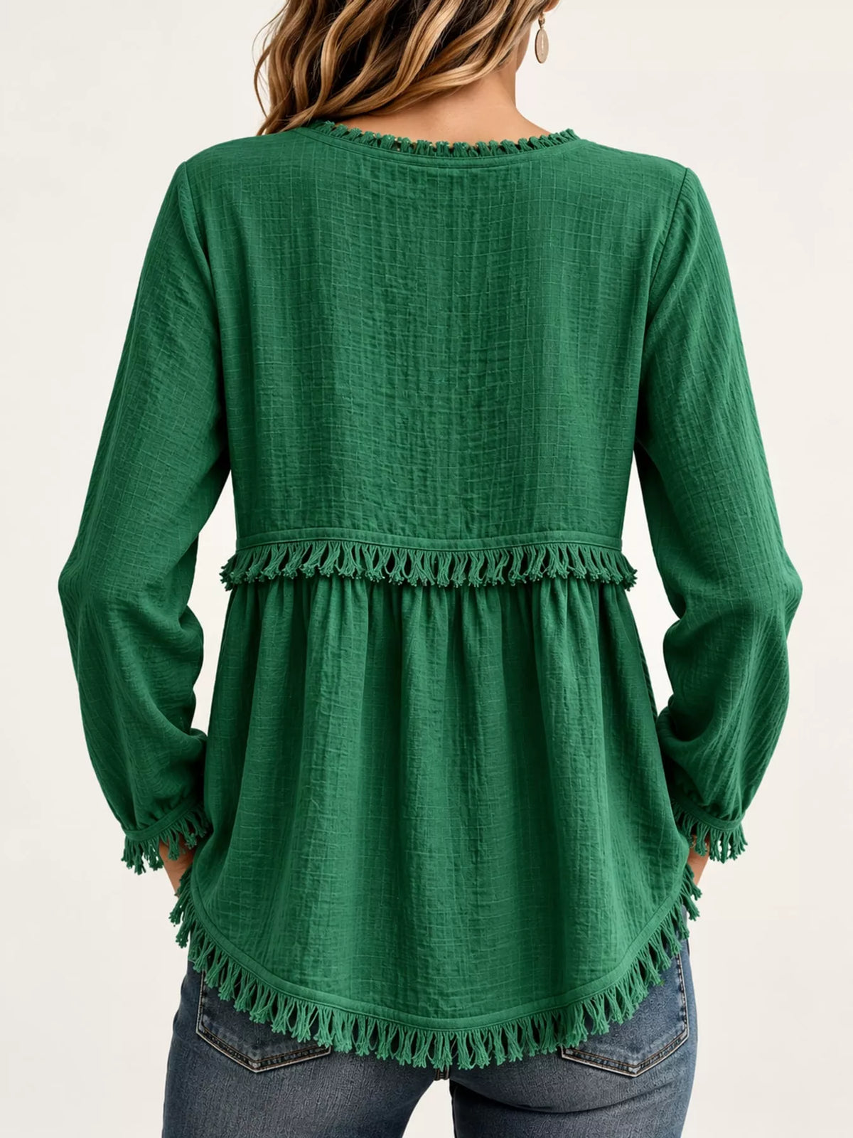 Fringe-trim blouse, green back