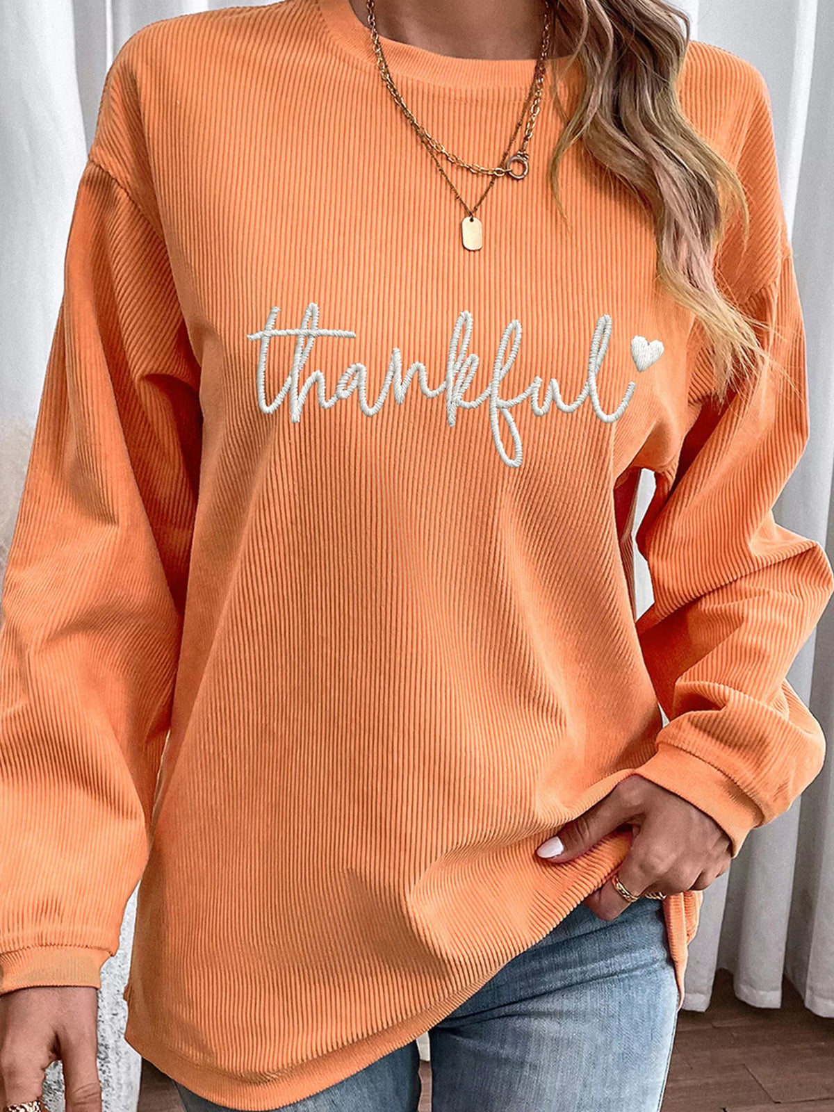 Thankful Embroidered Corded Crewneck Sweatshirt, front view