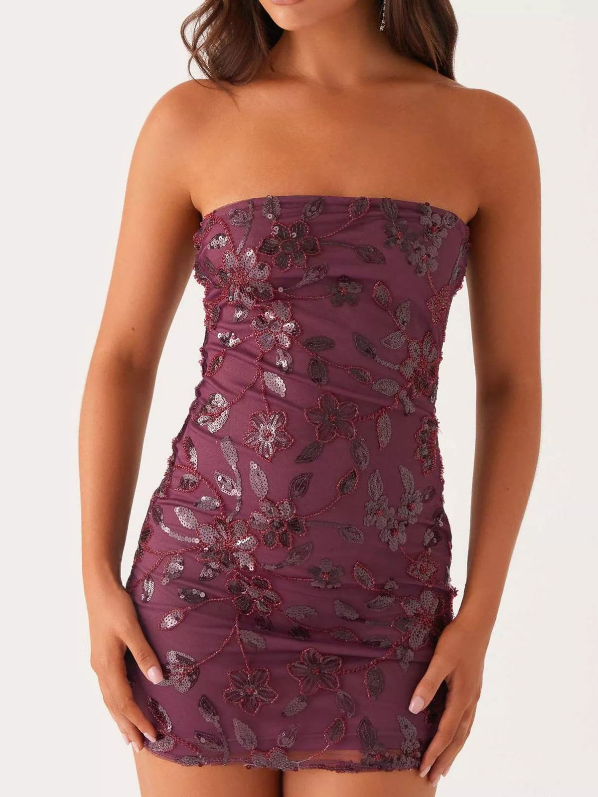 strapless mini dress, front view on model