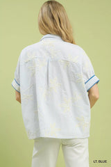 Trendsi Umgee Striped Embroidered Blouse with Scallop Trim -