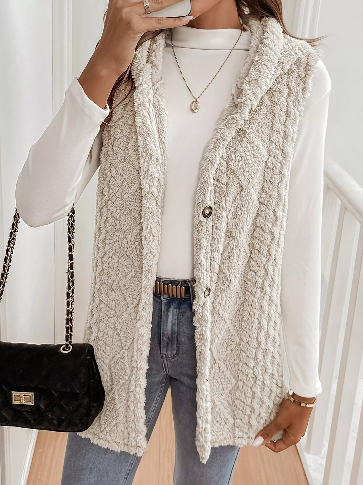Hooded Sherpa Vest Coat in cream