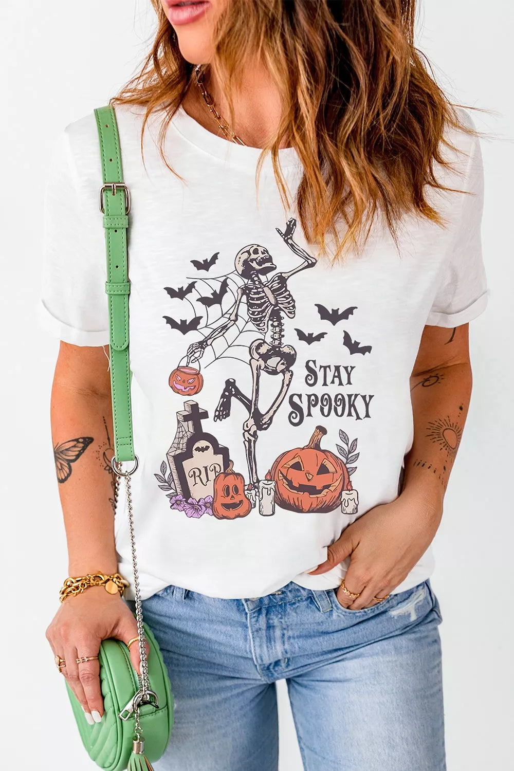 Trendsi Full Size Skull Pumpkin Face STAY SPOOKY Graphic Halloween T Shirt Plus Size -