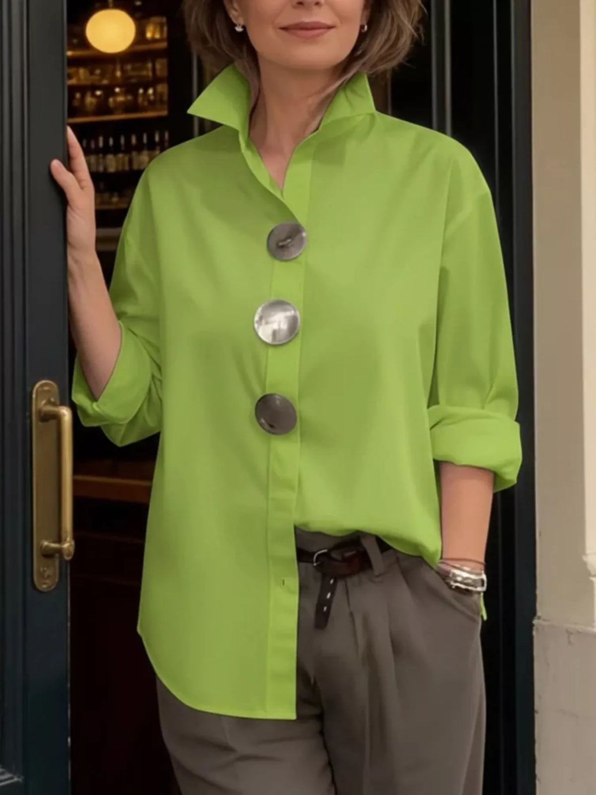 Trendsi Full Size Oversized Metal Button Long Sleeve Shirt Plus Size -
