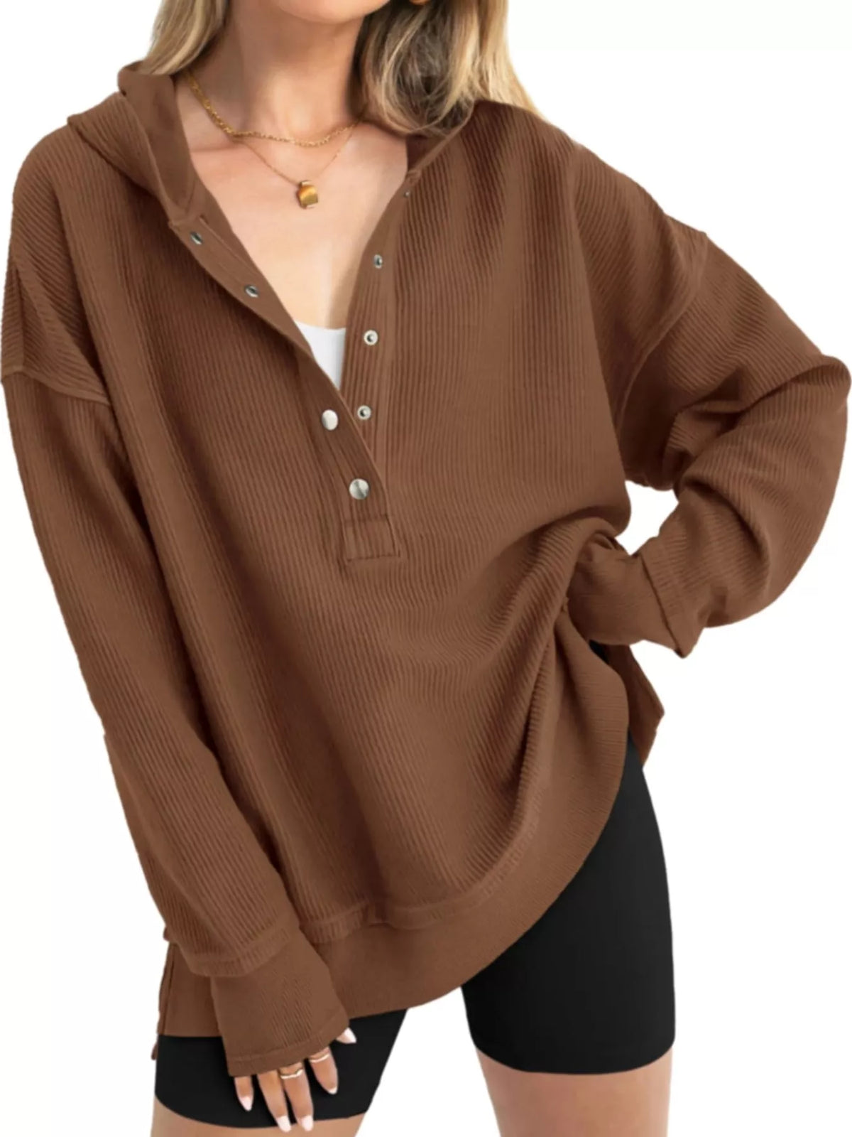 Women's Snap Button Placket Dropped Shoulder Hoodie in brown — front view