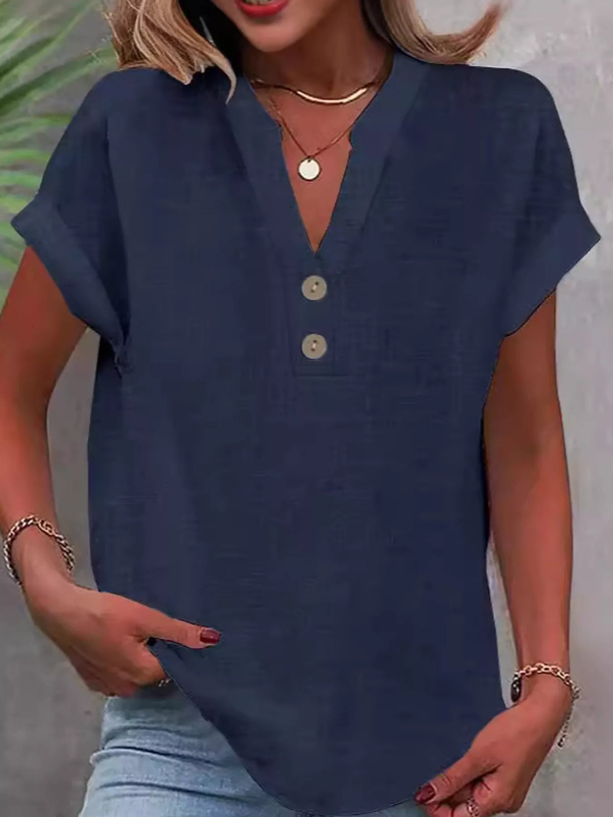 Navy button detail short sleeve blouse, front view