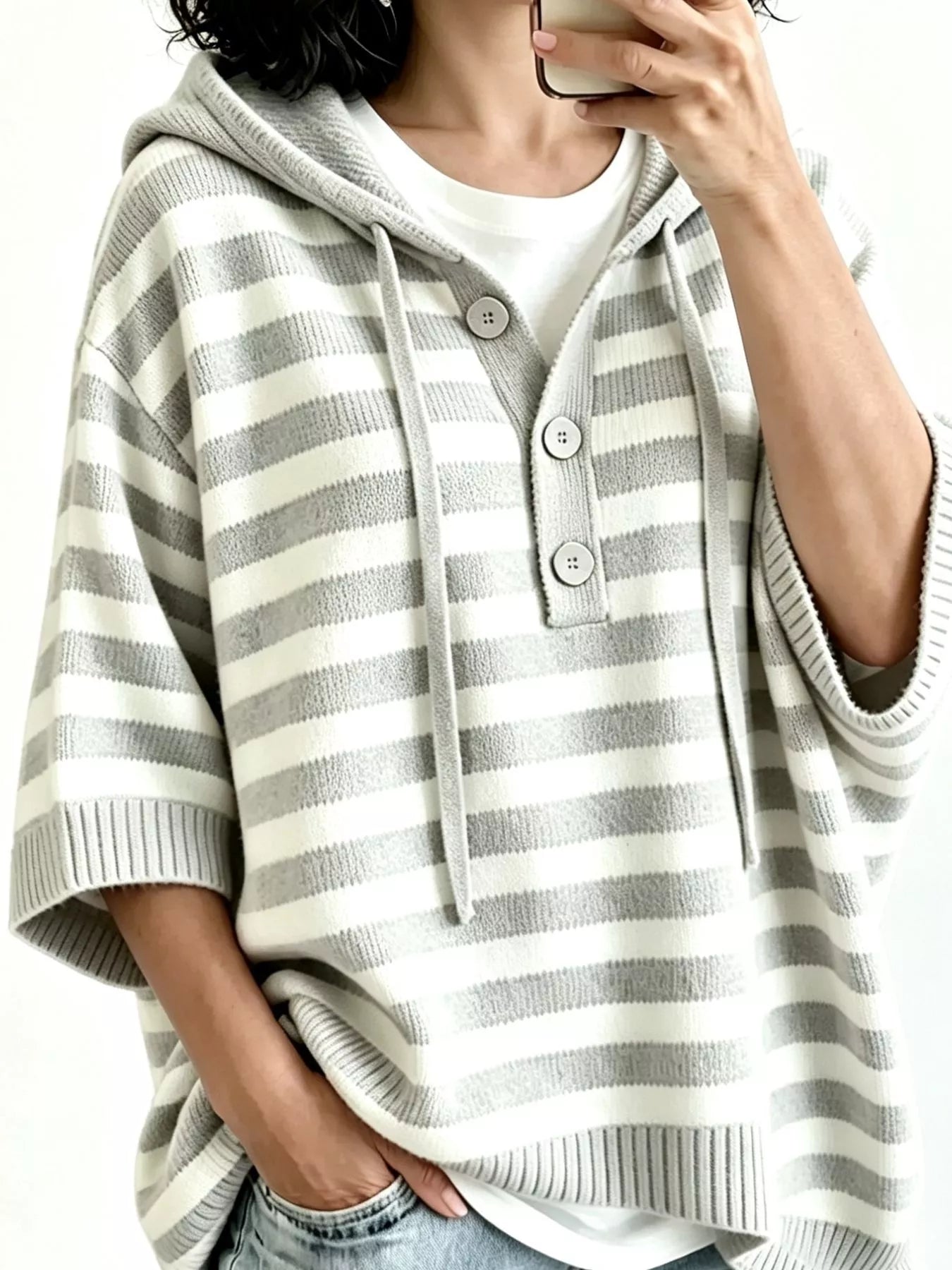 Trendsi Striped Hooded Sweater with Button Detail -