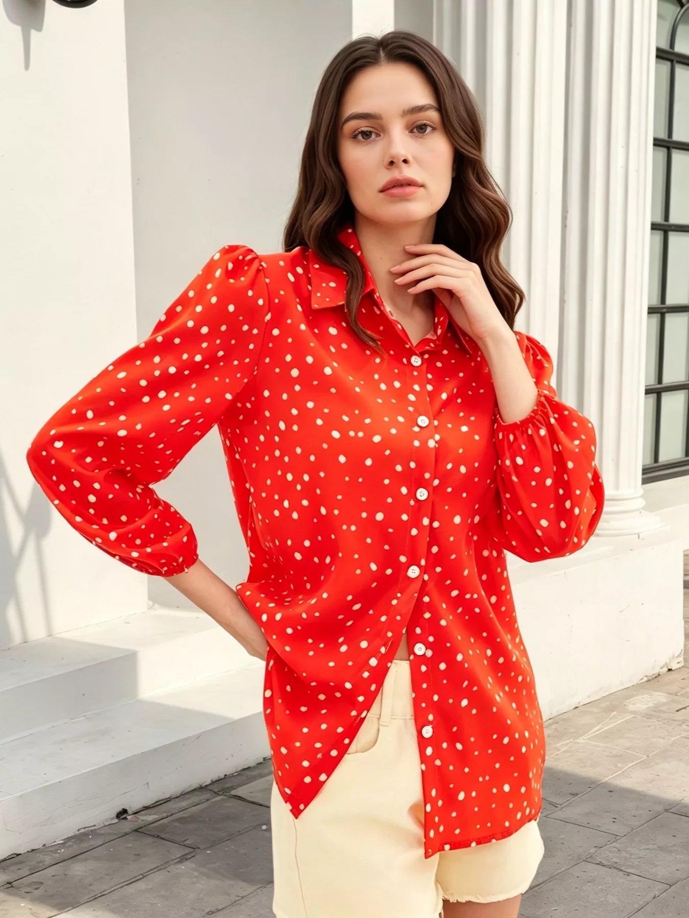Trendsi Polka Dot Puff Sleeve Shirt - Shirts