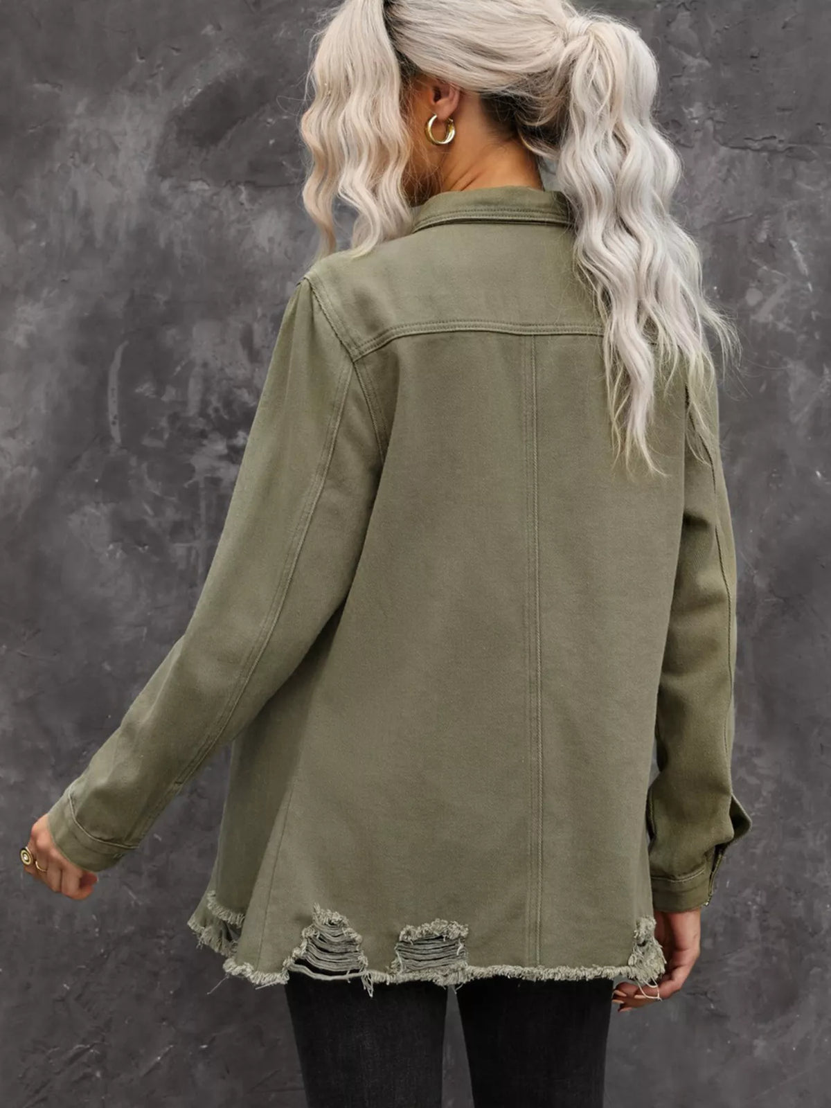 Trendsi Raw Hem Distressed Denim Shirt Jacket -
