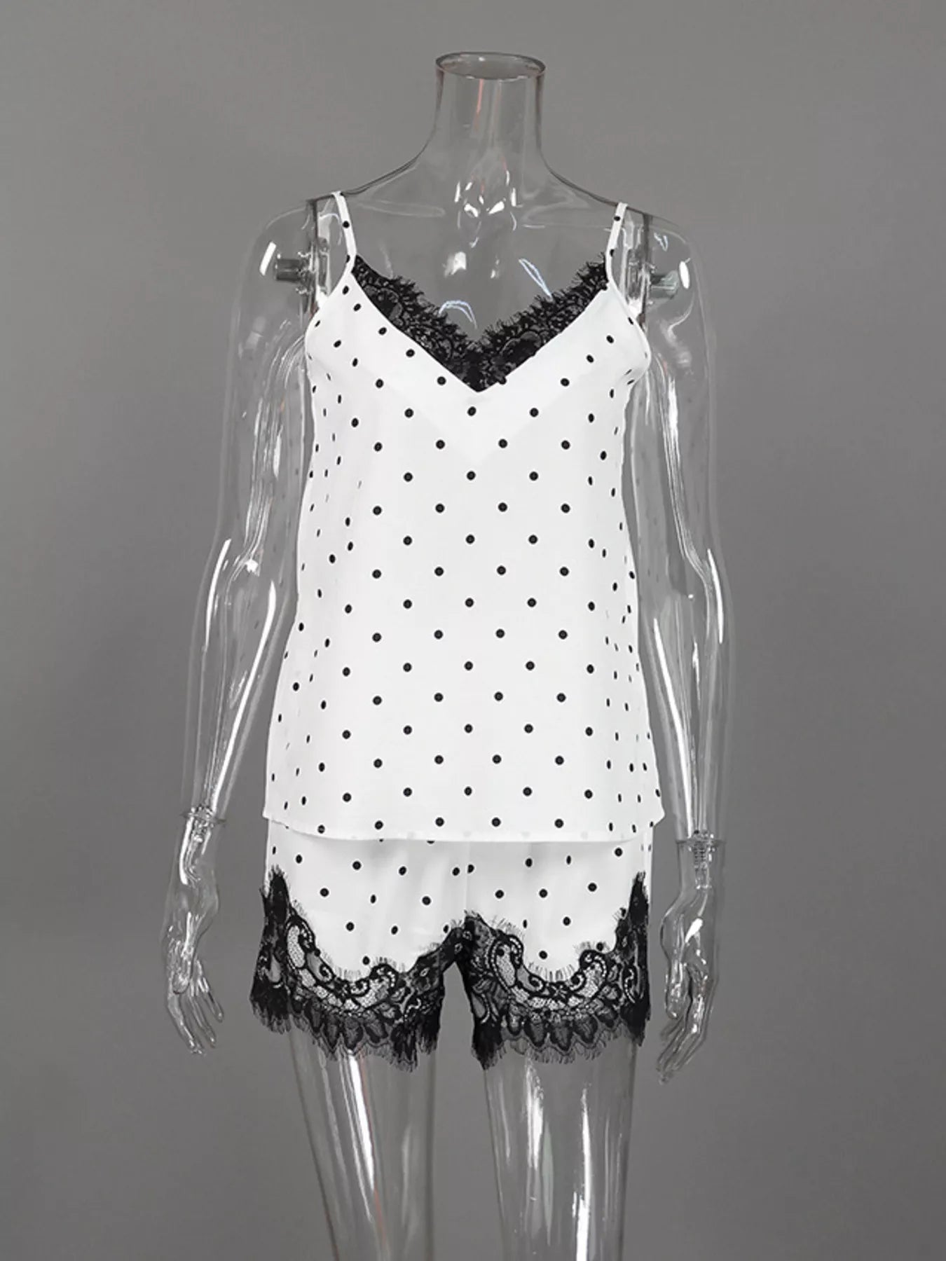 Trendsi Polka Dot Lace Trim Cami & Cardigan and Shorts Set -