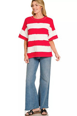 Trendsi Zenana French Terry Striped Exposed Seam Top -