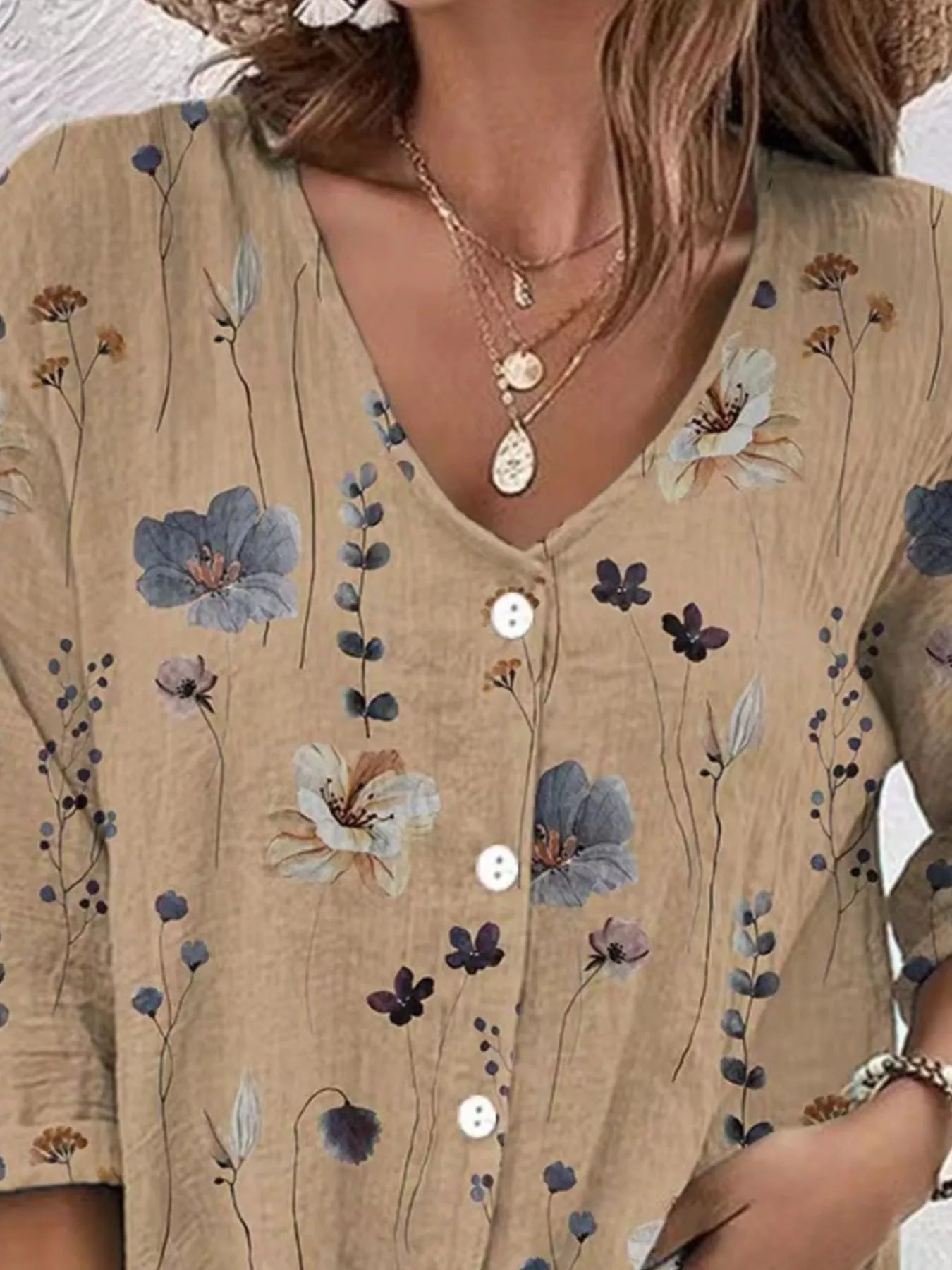 Trendsi Floral Print V-Neck Button-Down Shirt -