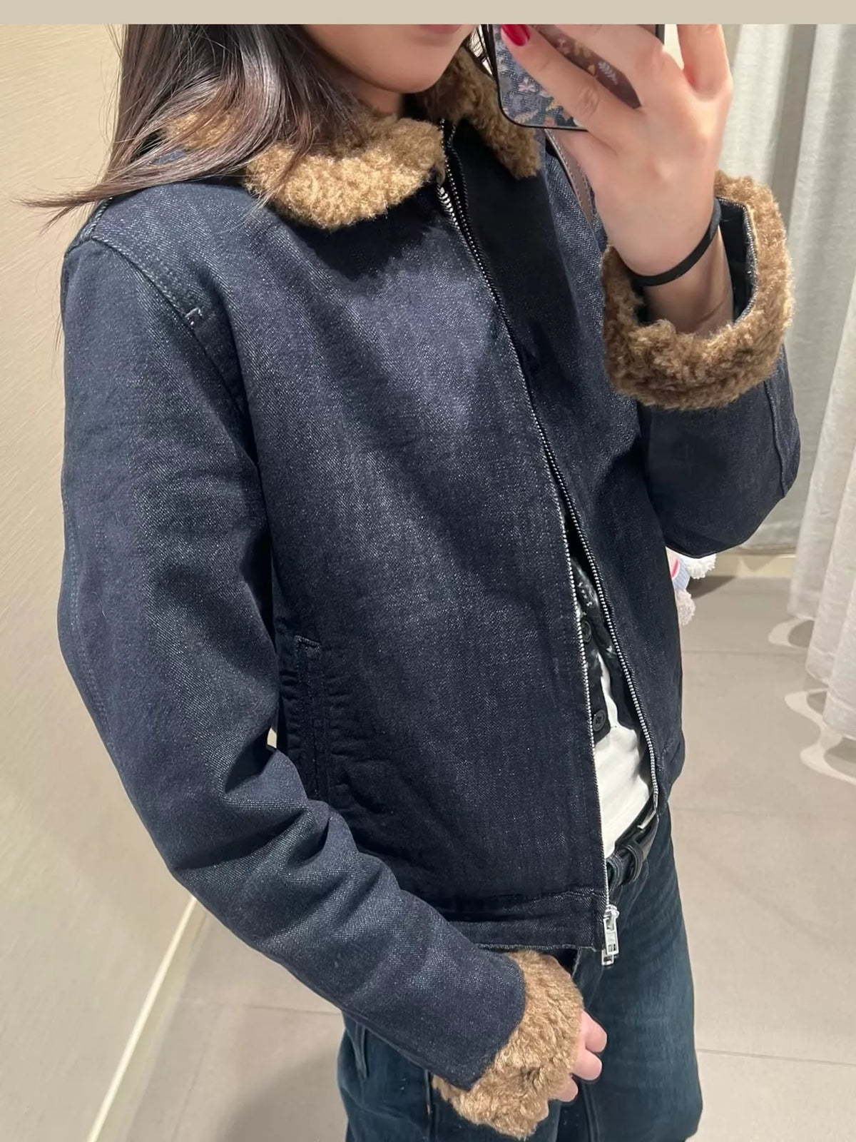Sherpa Collar Zip-Up Denim Jacket — side view