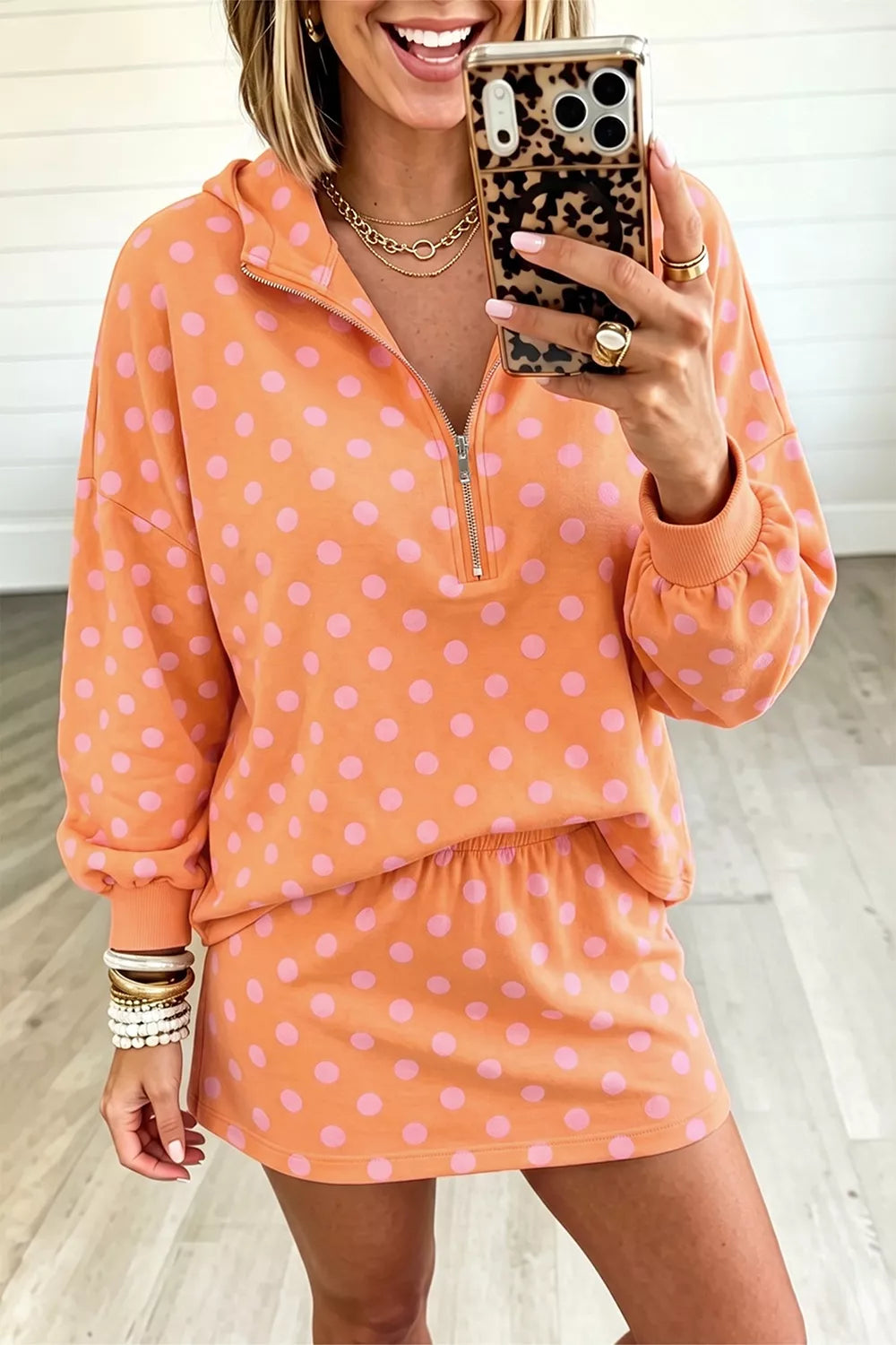 Trendsi Polka Dot Quarter-Zip Hoodie and Skirt Set -
