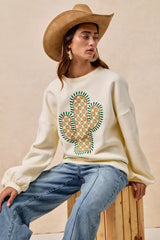 Trendsi BiBi Cactus Embroidered Fleece Sweatshirt -