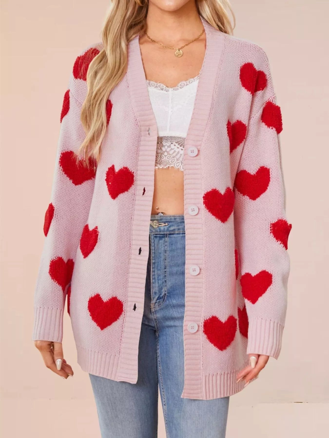 Trendsi Heart Pattern V-Neck Button-Down Knit Cardigan -