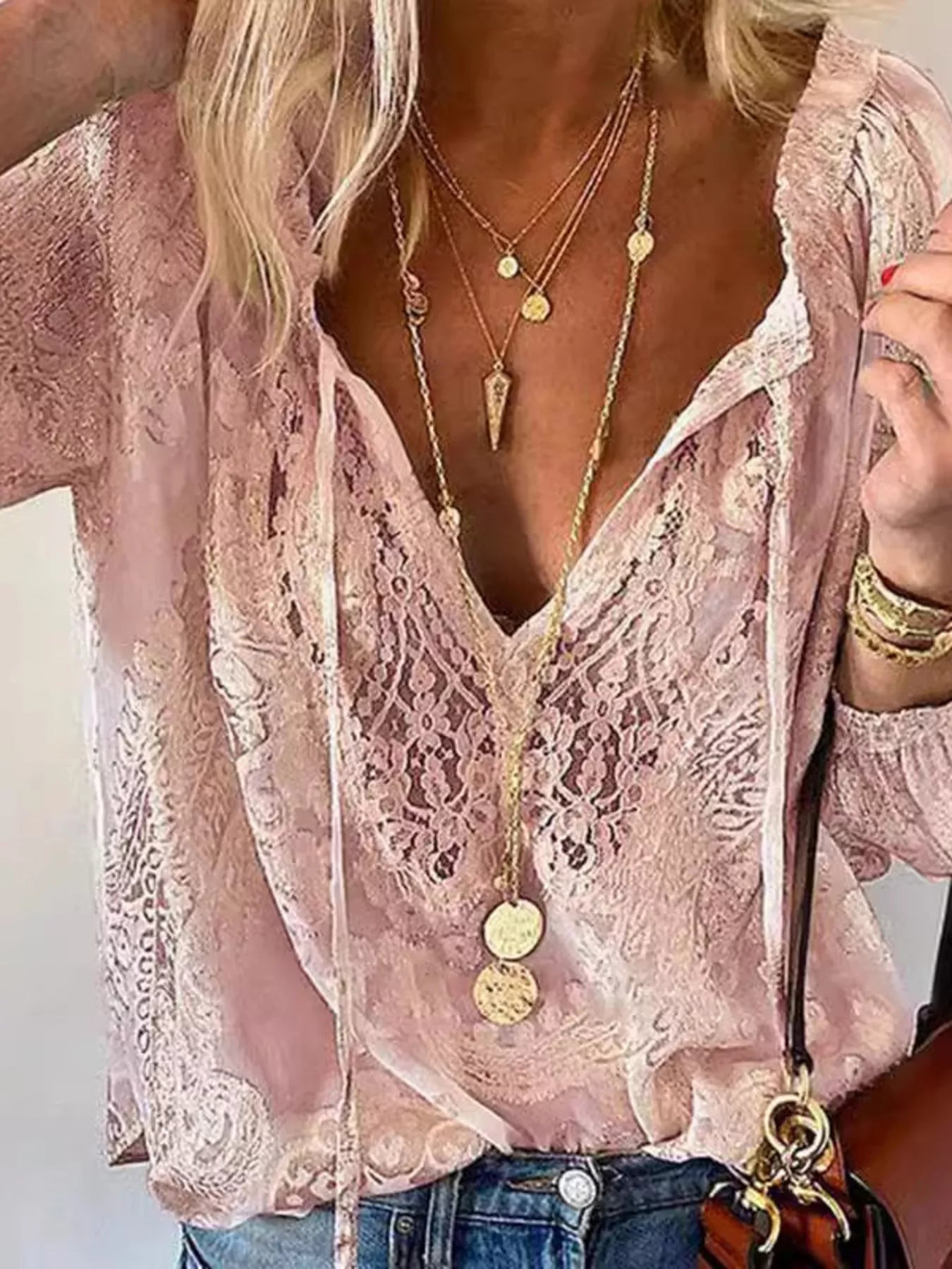 Trendsi Lace Tie Neck Long Sleeve Blouse -