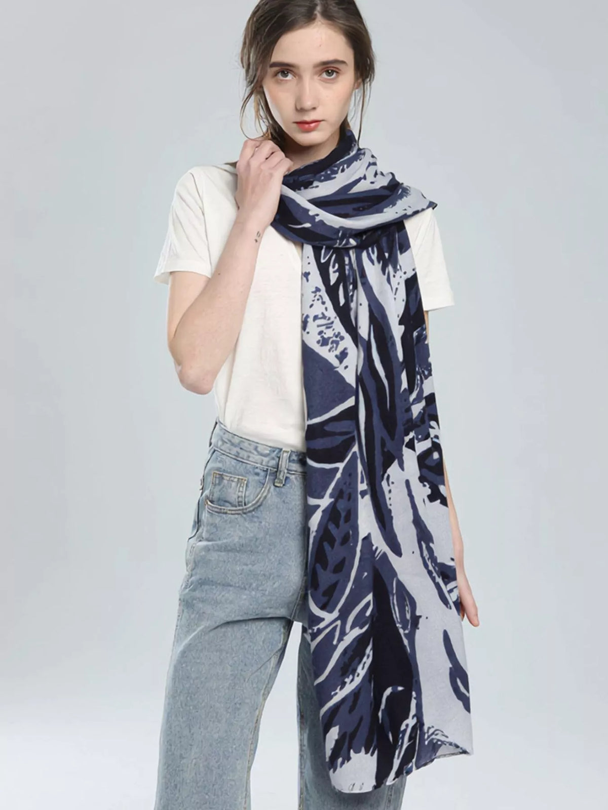 Botanical Print Scarf, shown worn