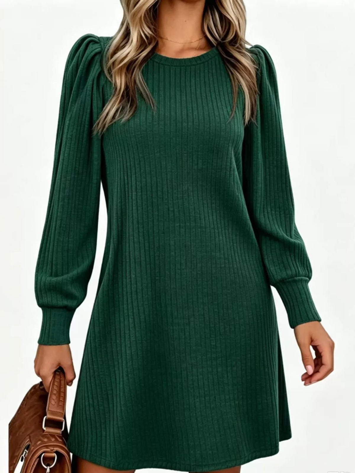 Ribbed puff-sleeve dress, green front