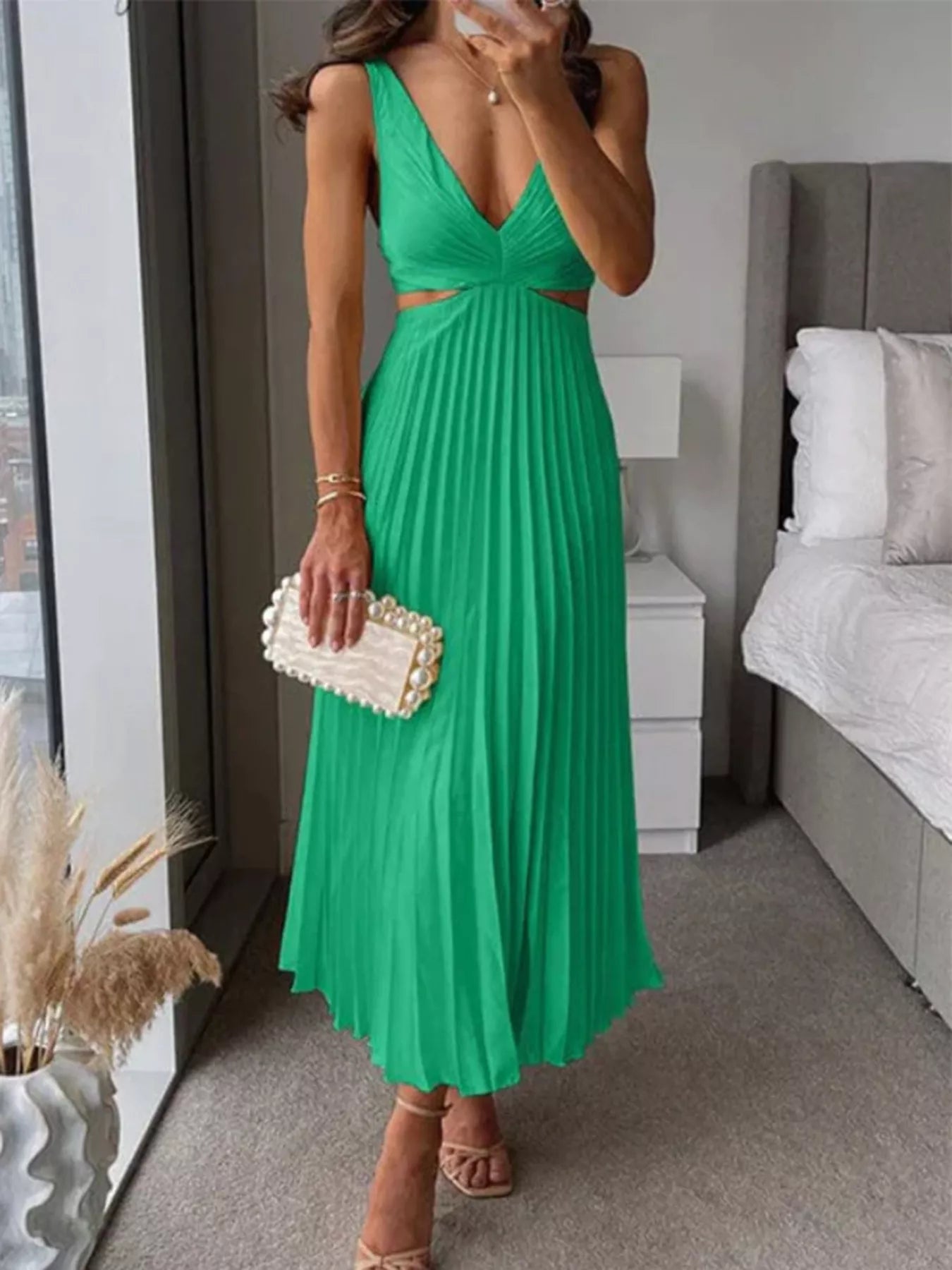 Trendsi Elegant Pleated Midi Dress with Cut-out Details -