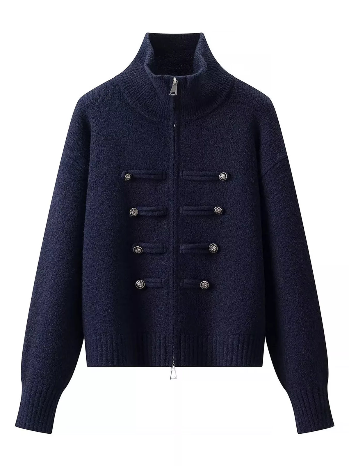Navy turtleneck zip-up cardigan